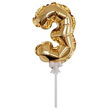 Воздушный шар,  самодув, 18см Поиск "Цифра 3", фольгированный, золотой