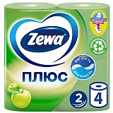 Бумага туалетная Zewa Плюс, 2-слойная, 4шт., тиснение, зеленая, яблоко