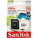 Карта памяти SanDisk MicroSDHC Ultra 16GB, Class 10, скорость чтения 80Мб/сек (с адаптером SD)