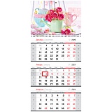Календарь квартальный 3 бл. на 1 гр. OfficeSpace "Розовый букет", с бегунком, 2021г.