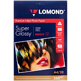 Бумага А4 для стр. принтеров Lomond, 260г/м2 (20л) ярко-белая супергл.
