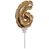 Воздушный шар,  самодув, 18см Поиск "Цифра 6", фольгированный, золотой